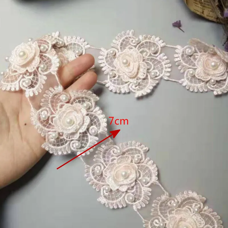 2 ярда шириной 7,5 см Розовый 3D цветок жемчужное кружево отделка Вышивка Кружева Аппликация Аксессуары для платья TL01