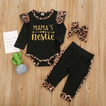 

autumn full sleeve ruched leopard letter tops bodysuits+long pants bow headbands toddler kids baby girls clothes sets 3pcs 0-24M