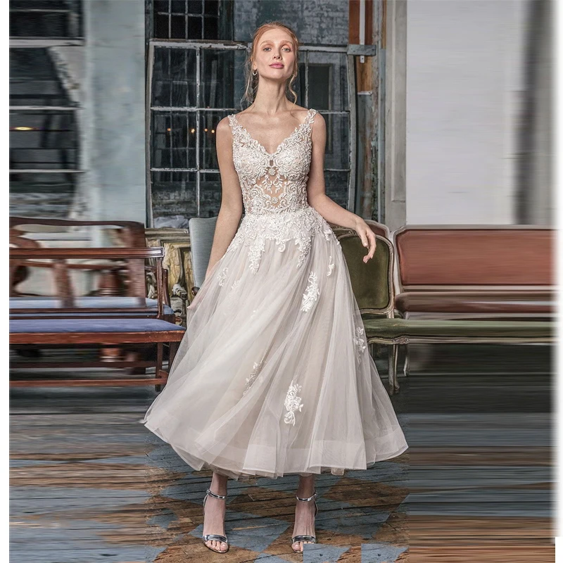 Verngo Aline Короткое свадебное платье цвета слоновой кости Аппликации Тюль Свадебные платья без спинки Элегантное свадебное платье vestidos de novia