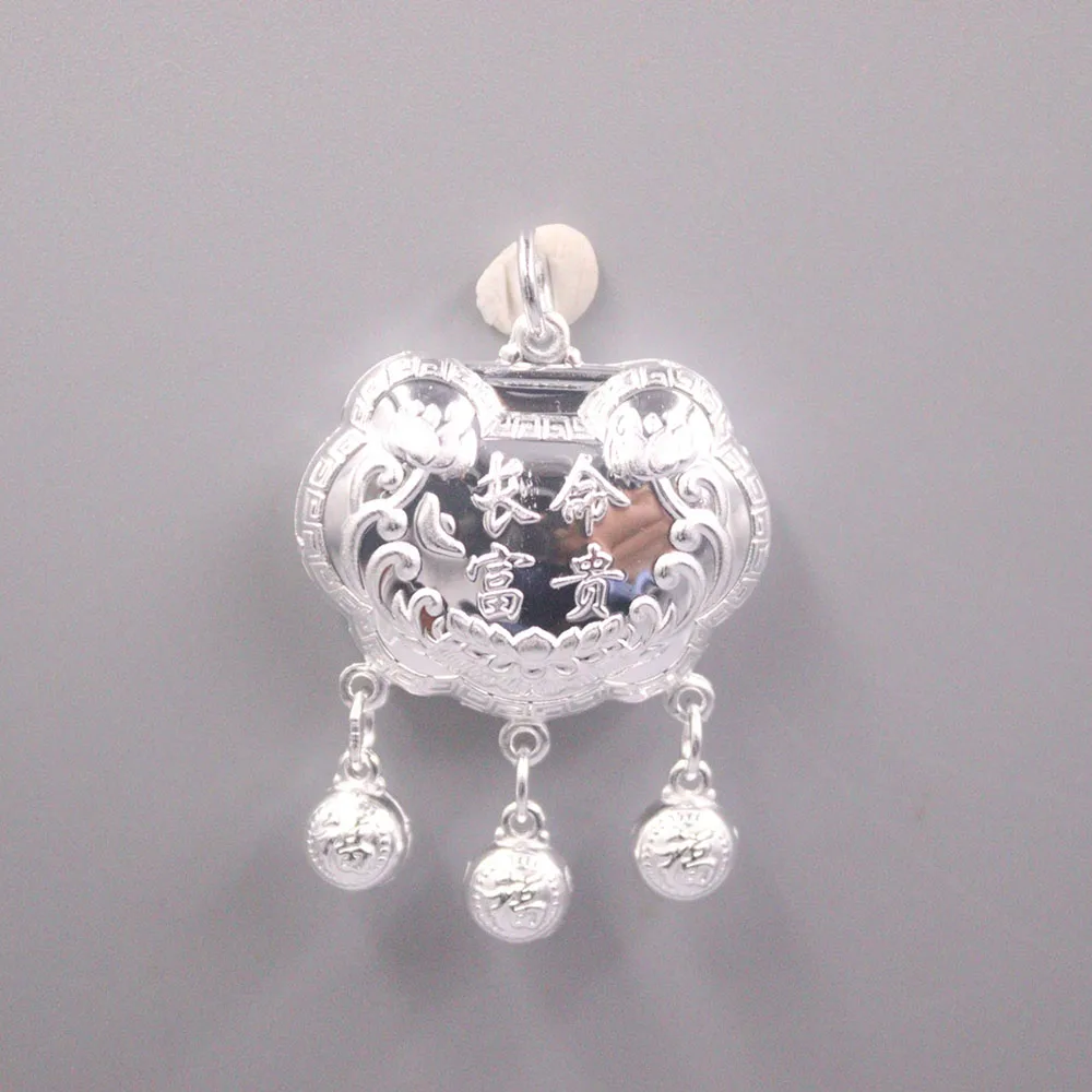 

Fine Pure Sterling Silver S999 Pendant Women Chang ming fu gui Tassels Fu Ball Lock Figure Pendant 30mm 8-9g