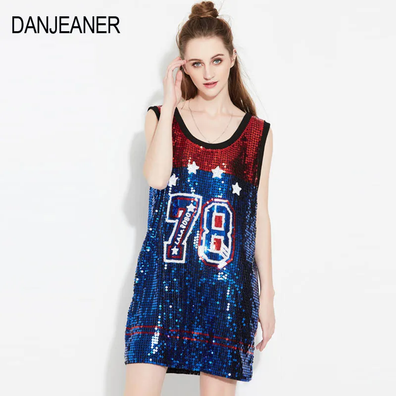 

DANJEANER Sleeveless Vest Performance Dress Round Neck Pullover Mid-length Sequined Tops Women Causal Club Dresses