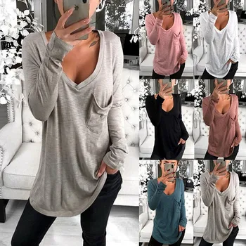 

hirigin Autumn Women Korean t shirt Basic V Neck Long Sleeve Fitted Plain Top Solid Stretch Shirt Clothing Tops Slim T shirts