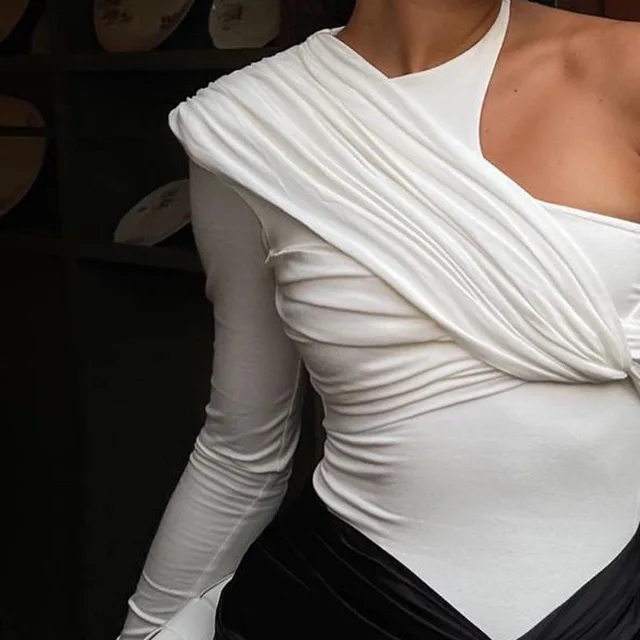 Cryptographic One Shoulder Sexy Backless Twist Bodysuits Women Long Sleeve Top Slim High Waist Bodysuit Club Party Streetwear white