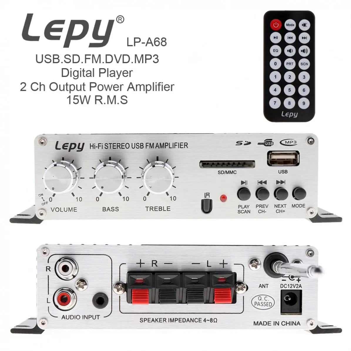 LP-A68 15 Вт x 2 2CH Hi-Fi цифровой аудио плеер Автомобильный усилитель fm-радио стерео плеер Поддержка SD/USB/MP3/DVD вход
