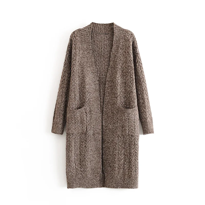 Женский вязаный кардиган с карманами длинный открытый спереди свитер длинным