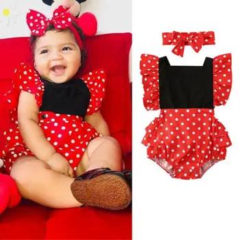

0-24 M Cute Toddler Baby Girls Bodysuits Ruffles Short Sleeve Polka Dot Print Backless Bow Jumpsuits Headband 2pcs