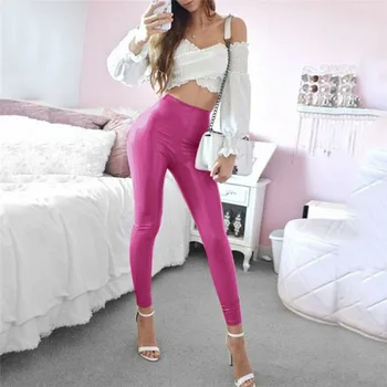 

Fashion Women Wet Look PU Leather Bandage Stretchy Pants Elegant Ladies High Waist Pencil Pant Evening Party Club Trousers