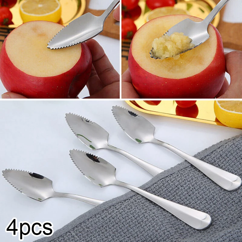 

4pcs Stainless Steel Serrated Spoon High Gloss Mirror Polishing Long Handle Fruit Ice Cream Scraper Tableware Accessories