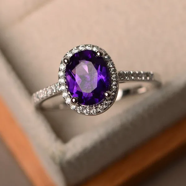 Personality Simple 925 Sterling Silver Black Purple Round Zircon Engagement Rings for Woman Anillos Promise Wedding Jewelry