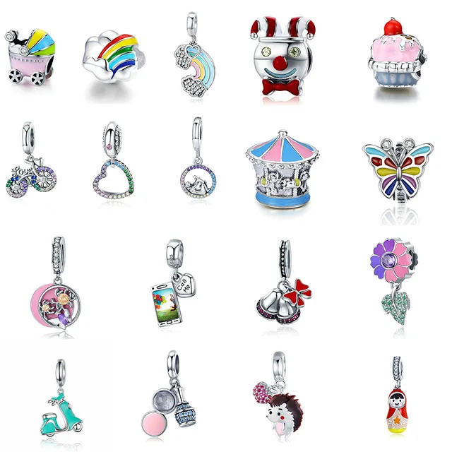 

New 925 Sterling Silver Fashion Pram Carousel Rainbow Clown Bicycle Charm Beads Fit for Fwomen's Bracelet DIY Jewelry Wholesale
