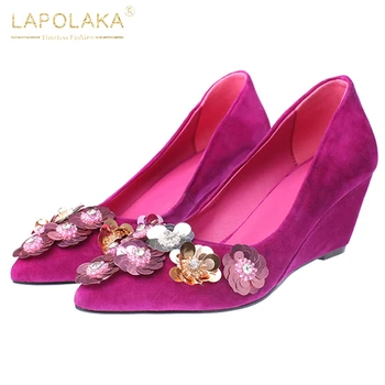 

Lapolaka Hot Sale 2020 Kid Suede Wedge Heels Concise Pumps Woman Shoes Pointed Toe Slip-On Crystal Party Shoes Women Pumps