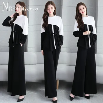 

2020 New Spring Korean Plus Size Women Sets Fashion Blouse And Wide Leg Pants Female Sets