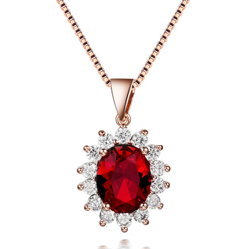 Pendant necklace Рубиновый драгоценный камень pendnat ожерелье для женщин цепь из розового золота красный кристалл роскошный граненый фианит ювелирные изделия модный падение чокер вечерние подарок - Цвет камня: Pendant necklace