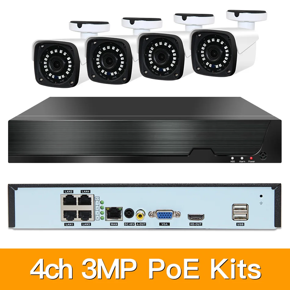 4ch 3MP POE Kits H.265 System CCTV Security PoE NVR Outdoor Metal Waterproof IP Camera Surveillance Alarm Video P2P P6Spro