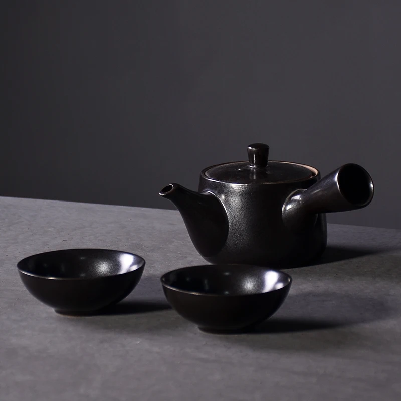 

LUWU black ceramic kyusu teapots with 2 cups a tea sets chinese kung fu tea sets drinkware