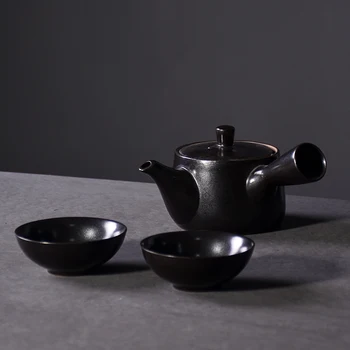 

LUWU black ceramic kyusu teapots with 2 cups a tea sets chinese kung fu tea sets drinkware