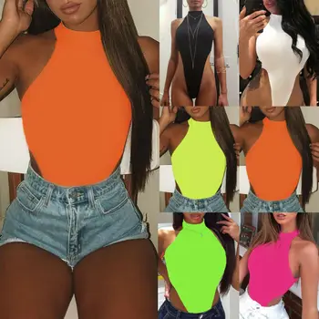 2021 Sexy Women Halter Bodysuits High Cut Bodycon Leotard Tops Summer Fashion Female Solid Sleeveless Bodysuits Bottomed Tops 1