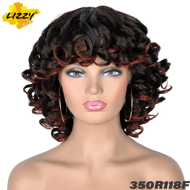 Short Hair Afro Curly Wig With Bangs Loose Synthetic Cosplay Fluffy Shoulder Length Natural Wigs For Black Women Dark Brown 14