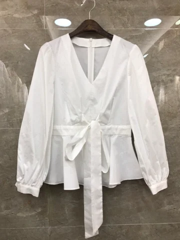 white Хлопковая рубашка,, осенняя мода, белые, черные, оранжевые, красные блузки для женщин, v-образный вырез, бант на талии, длинный рукав, повседневные топы, рубашки для женщин - Цвет: white