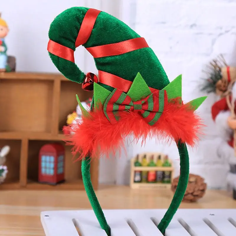 Children Adult Christmas Santa Elf Hat Hair Hoop Clasp Contrast Color Fluffy Bowknot Headband With Jingle Bell Cosplay Costume