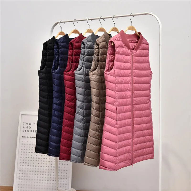 Women Duck Down Long Vest Ultra Light Portable Slim Waistcoat Female Stand Collar Sleeveless Down Jacket