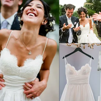 

Sweetheart Spaghetti Straps Appliques Lace Zipper Back Satin Boho A-Line Wedding Dress 2020 Vestido De Noiva