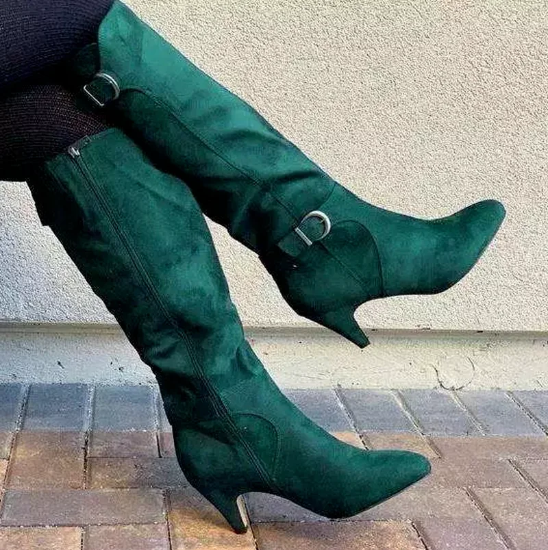 2021 New Women's Fashion Suede Knee High Heel Pointed Zipper Design Casual Modern Boots Large 35-43botas De Mujer