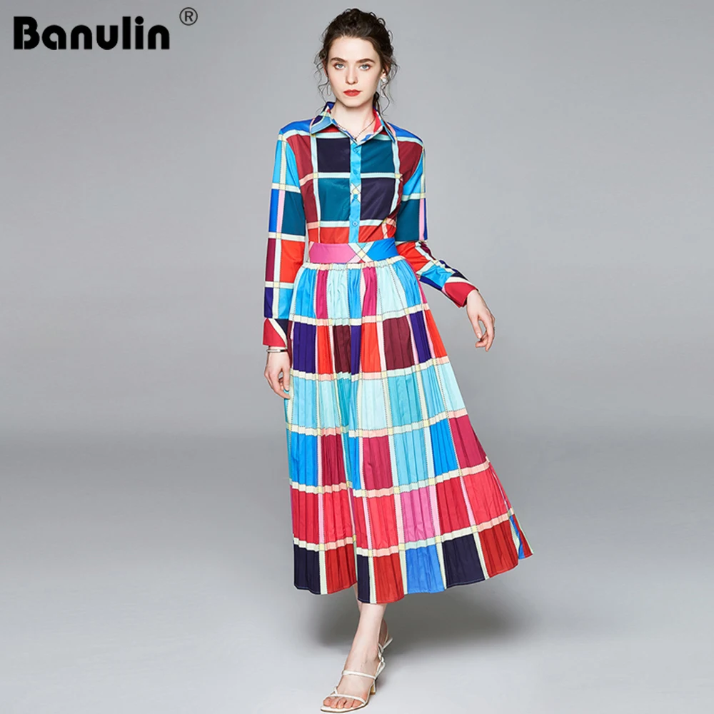 

Banulin 2020 Autumn Runway Holiday Shirt Dress Women Long Sleeve High Waist Contrast Color Plaid Print Pleated Long Maxi Dress