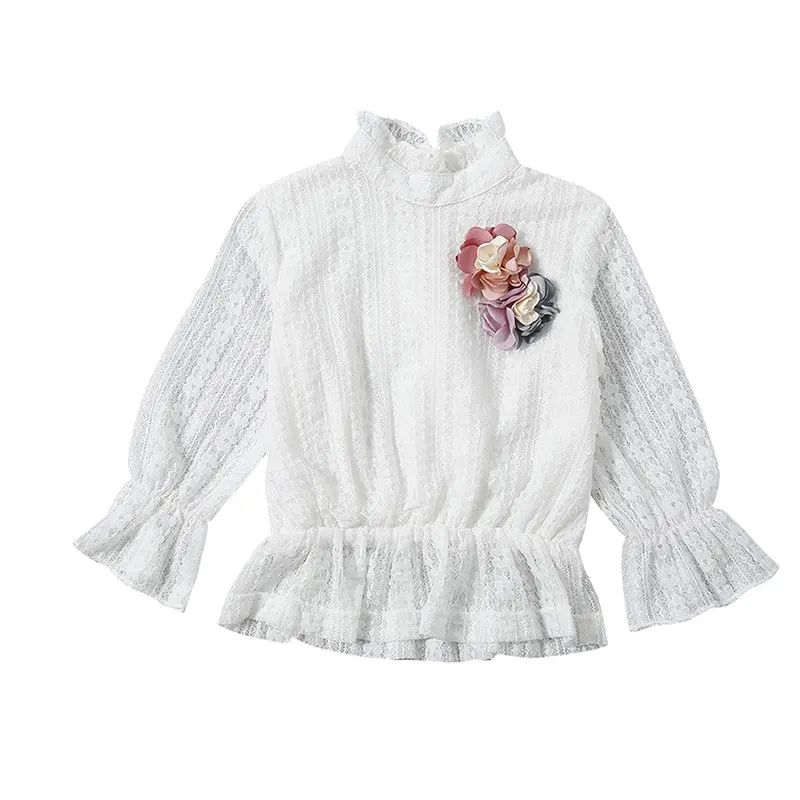 

Girls Spring Cotton Floral Long Sleeve Cotton Shirt Lace Design T-shirt Tops Blouse Long Sleeve Children Casual Shirts 2019