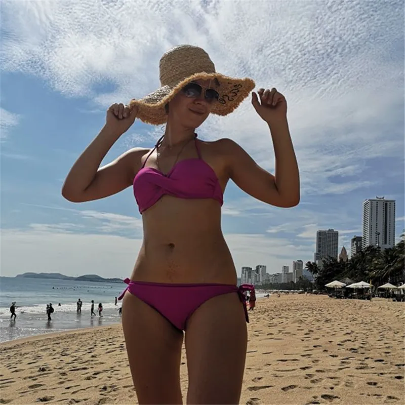 Женский купальник с эффектом пуш-ап, комплект из двух частей, флуоресцентный цветной бикини, Бразильская бикини, одноцветные бикини, женская одежда для плавания