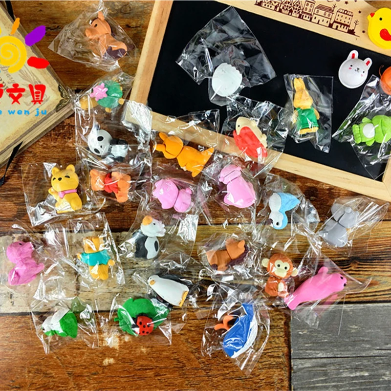 30/Pcs Creative Cute Animal Eraser Individual Package Detachable Eraser Student Prize Stationery Wholesale