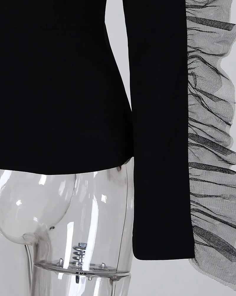 Однотонная сетчатая вставка Дизайн Глубокий V Блейзер Пальто для женщин с длинным рукавом Повседневные блейзеры Рабочая одежда