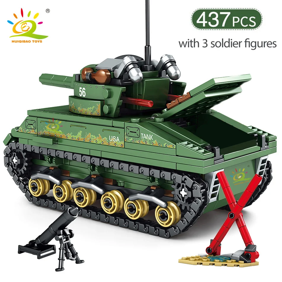  HUIQIBAO Toys 437pcs Military USA M4 Tank Building Blocks Compatible legoingly For Boys Army WW2 ve