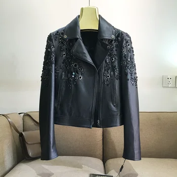 

New Autumn and Winter Chao Heavy Craft Short skinned Leather Suit Goat 100% sheepskin Locomotive Genuine Leather Coat