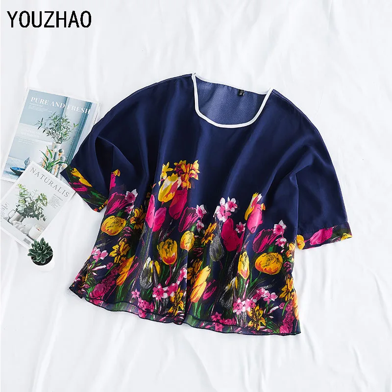 

Women Chiffon T-Shirt Loose Leisure O-Neck Short Sleeve Floral Print T Shirts Female 2020 Summer New Oversized Black T-Shirt