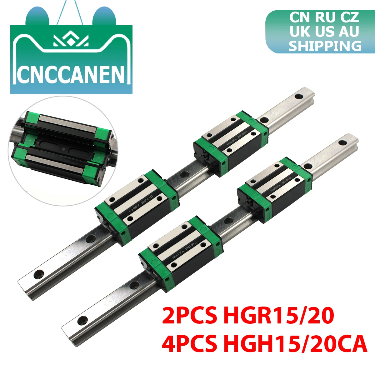 HGR20 HGR15 CNC Square Guide Linear Rail 2PCS ANY LENGTH + 4PCS HGH15CA / HGH20CA Slide Block Carriage for CNC Router Engraving