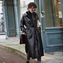 Женский плащ из искусственной кожи, ветровка, однобортный, на шнуровке, с длинным рукавом, мотоциклетная куртка, Осень-зима