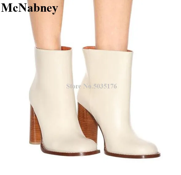 

McNabney Women Short Boots Slip-On Simple Round Toe High Hoof Heels Thick Heel Mid-Calf Ladies Boots Fashion New Women Shoes
