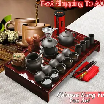 

Chinese Kung Fu Tea Set Porcelain Teapot Pot Cup Elegant Kettle Wood Holder Tray Gifts Tea-Set Drinkware Cup Tureen