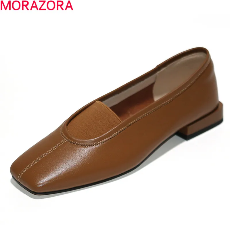 MORAZORA/; Новое поступление; Повседневная обувь из натуральной кожи; тонкие туфли на низком квадратном каблуке с закрытым носком; однотонные летние женские туфли