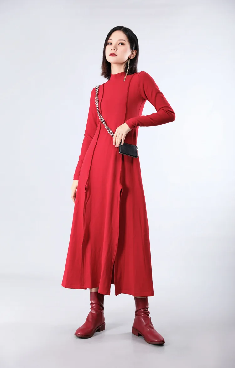 [EAM] Women Dress New Stand Neck Long Sleeve Loose Fit Split Joint Spliced Sheath Temperament Fashion Spring Autumn JZ343