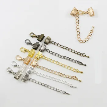 

10pcs Ribbon Leather Cord End Pinch Crimp Clamp End Clasps With Extend Chain Lobster Connectors DIY Bracelet Jewelry Findings