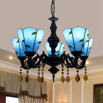 

European style simple modern Mediterranean Tiffany color glass living room dining room bar crystal 5 head Chandelier