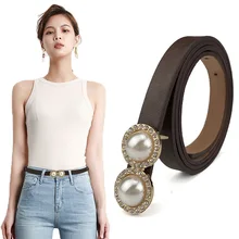 

Fashion Pu Leather Thin Belt For Women Pearl Buckle Waist Belts Jeans Trouser Dress Female Decoration Wild Waistband