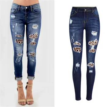 

European and American women's hot sale mid-rise stretch washed frayed denim trousers hole stitching leopard print feet jeans