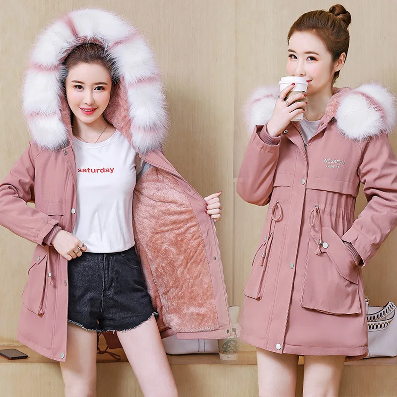 

2019 New Style Winter Mid-length Women's fang yang gao Wool Coat Hooded Brushed And Thick Large Fur Collar Casual Cotton Clothes
