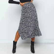 Women Skirts 2021 Split Zipper Empire Long Mid-calf Spring Summer Sexy Leopard Printed Chiffon Skirt Ladies Fashion Streetwear