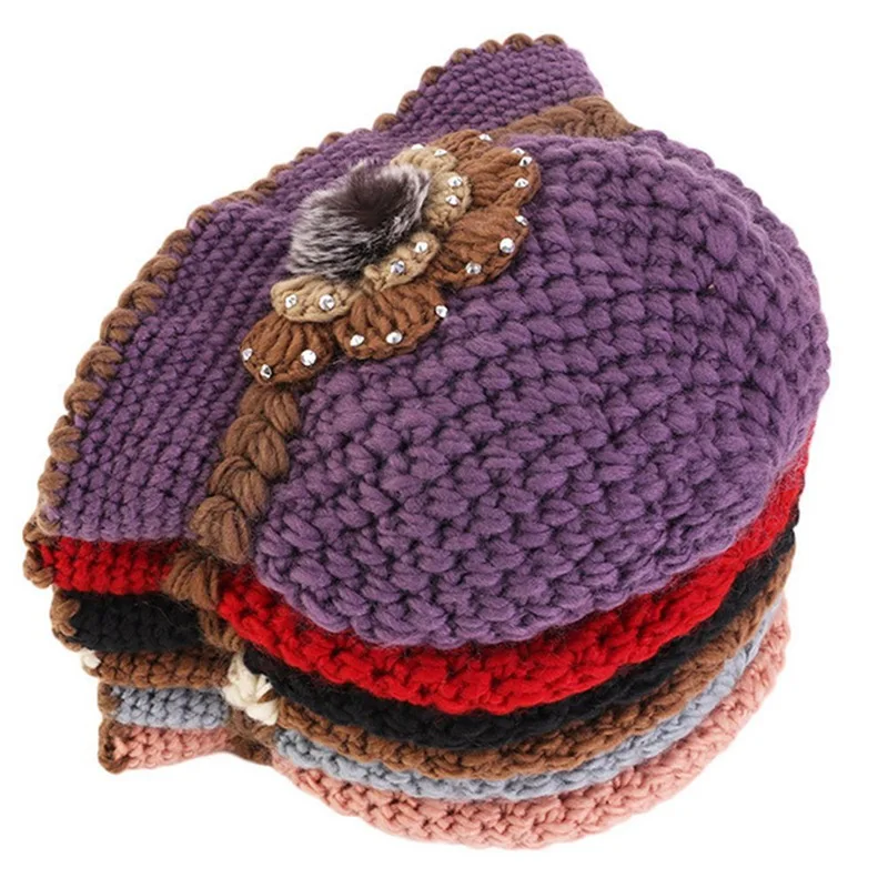 Ladies Beanie Hat Women Autumn Winter Crochet Knitted Flowers Decorated Ear Warm Hats Casual Soft Ski Bonnet Female Wool Cap