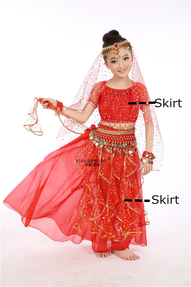 Red 2pcs Стиль, Детский костюм для танца живота, костюмы для восточных танцев для девочек, одежда для танца живота, костюмы для индийских танцев, набор для детей - Цвет: Red 2pcs