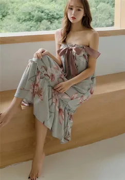 

A707 Women's court comfortable sweet girl bow long strap nightdress ladies home nightgown